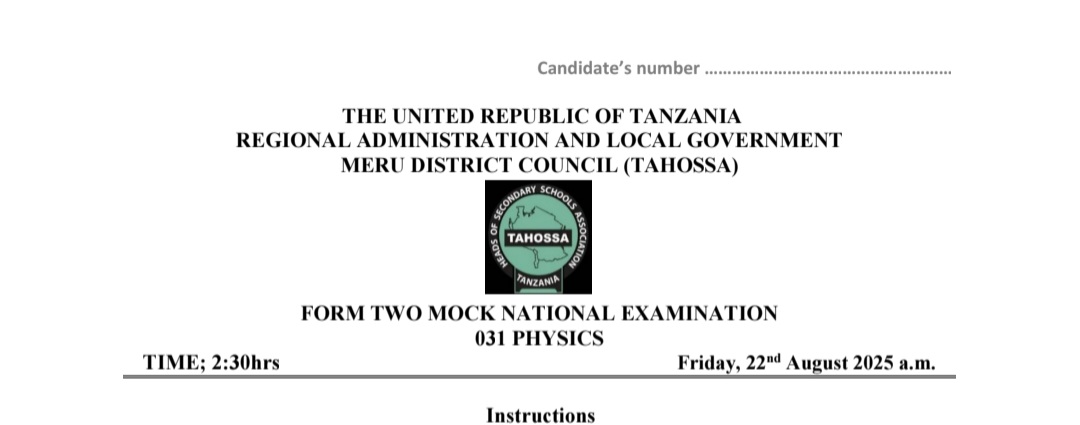 Arusha (Meru) Form Two Mock Exam 2024 with Marking Schemes